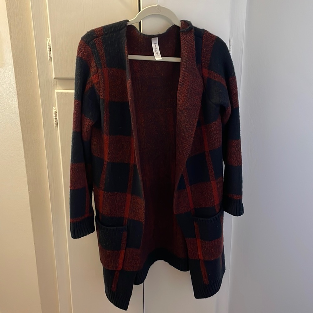 Navy & Red Plaid Sweater Coat